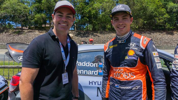 A supplied image of V8 Supercar champion Craig Lowndes of Australia and Hyundai Motorsport driver Hayden Paddon of New Zealand during the Kennards Hire Rally Australia, part of the 2016 FIA World Rally Championship in Coffs Harbour, Saturday, Nov. 19, 2016. (AAP Image/Rally Australia) NO ARCHIVING, EDITORIAL USE ONLY