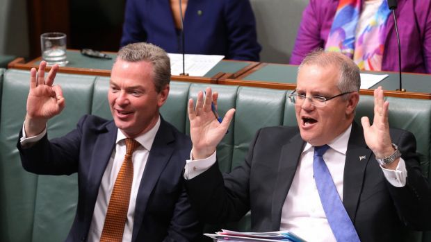 Ministers Christopher Pyne and Scott Morrison during question time  on Thursday.