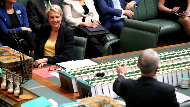 Acting opposition leader Tanya Plibersek listens as Prime Minister Malcolm Turnbull speaks during question time on Thursday.