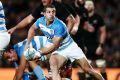 Looking to pass: Tomas Cubelli during the Rugby Championship match between the New Zealand All Blacks and Argentina at ...