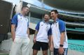 New faces: Peter Handscomb, left, Matthew Wade, centre, and Nic Maddinson share a laugh at the SCG on Sunday.