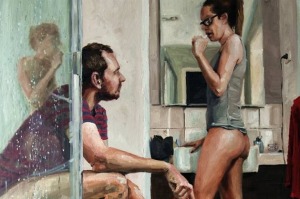 James Needham's portrait of himself and his wife in the bathroom.