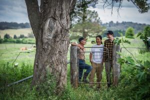 Jacqua, Organic farm in Bungonia. Dairy farmer Julia McKay and her two WWOOFers (willing workers on organic farms) Xuan ...