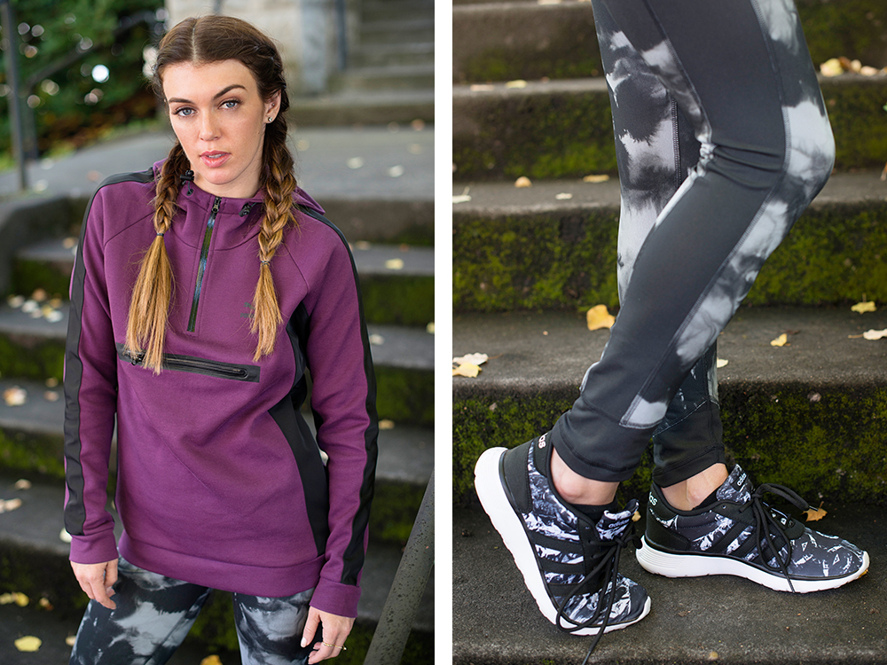 Purple Top And Grey And Black Workout Pants With Sneakers