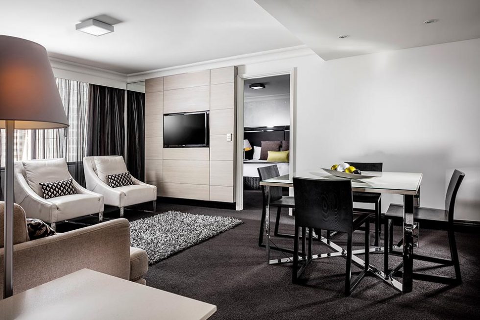  Relax in a 63-square-metre one-bedroom suite with king size bed and separate dining and lounge areas