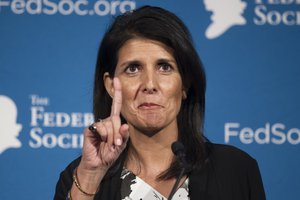 South Carolina Gov. Nikki Haley speaks at the Federalist Society's National Lawyers Convention in Washington, Friday, Nov. 18, 2016.