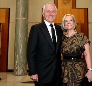 Prime Minister Malcolm Turnbull and wife Lucy arrive for the Mid Winter Ball at Parliament House in Canberra on ...