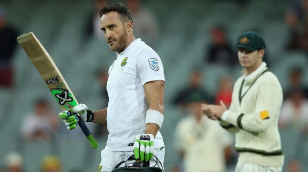 South African captain Faf du Plessis celebrates after scoring a century during day one of the Third Test match at ...