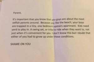 The letter that attempts to shame these parents for living in an apartment with kids. 