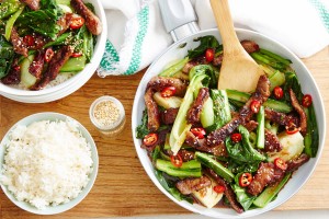 Crispy beef and Asian greens stir-fry