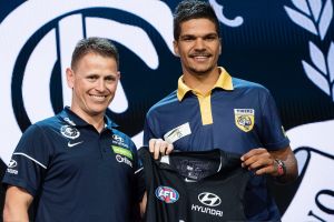 Carlton coach Brendon Bolton with Sam Petrevski-Seton.