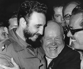 In a Sept. 20, 1960 file photo, Cuban leader Fidel Castro, left, and Soviet leader Nikita Khrushchev hug at the United Nations.