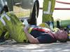 A firefighter takes a moment after handling the blaze. Picture: Daniel Wilkins