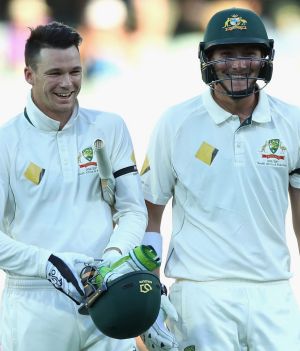 ADELAIDE, AUSTRALIA - NOVEMBER 27: Peter Handscomb of Australia and Matthew Renshaw of Australia celebrate winning the ...