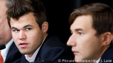 USA Schach-WM Pressekonferenz Magnus Carlsen und Sergey Karjakin (Pitcure-Alliance/dpa/J. Lane)