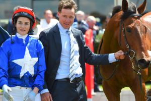 Michelle Payne with Patrick Payne after Husson Eagle's win at Sandown Hillside on November 12