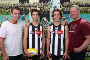 MELBOURNE, AUSTRALIA - NOVEMBER 28: Collingwood father-son draftees Callum Brown and Josh Daicos pose for a photo with ...