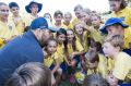 Wallabies coach Michael Cheika with students at a Game On workshop at Bronte Public School. 