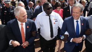 Prime Minister Malcolm Turnbull and Opposition Leader Bill Shorten came together to link arms at the No More event in ...