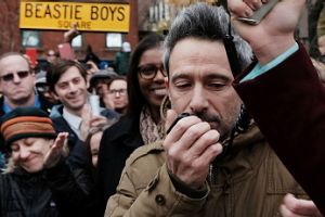 Beastie Boys member Adam Horovitz speaks at an anti-hate rally.