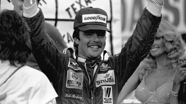 Keke Rosberg celebrates a win in Las Vegas in 1982.