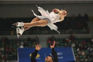 Winners of the Pairs category gold medalists Yu Xiaoyu and Zhang Hao of China during competition in the Pairs Free ...