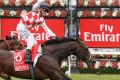 Victorian-trained Awesome Rock wins the Emirates Stakes at Flemington Racecourse last month.