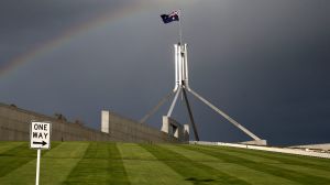 A rainbow over Parliament House on Tuesday 15 September 2015. Photo: Alex Ellinghausen