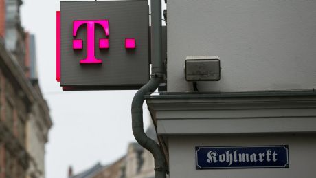 A logo for T-Mobile, operated by Deutsche Telekom AG, in Braunschweig, Germany.