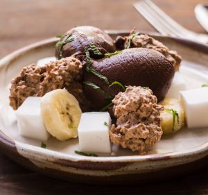 Hazelnut macaroons, coconut jelly and soft chocolate.