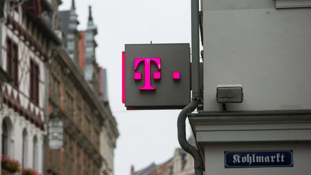 A logo for T-Mobile, operated by Deutsche Telekom AG, in Braunschweig, Germany.