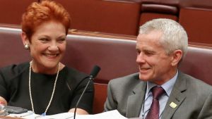 One Nation Senators Brian Burston, Pauline Hanson, Malcolm Roberts and Rod Culleton during debate in the Senate at ...