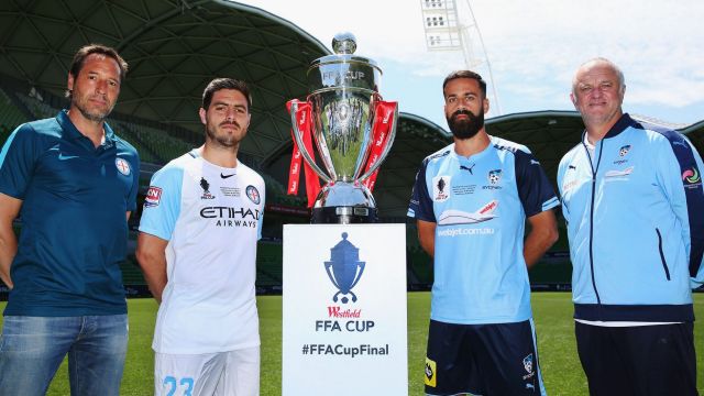 Eyes on the prize: (from left) City coach John van 't Schip and Bruno Fornaroli with Alex Brosque of Sydney FC and his ...