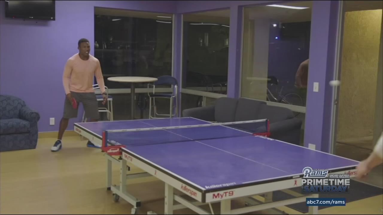 Rams player Pharoh Cooper schools fellow rookie Jared Goff in pingpong.