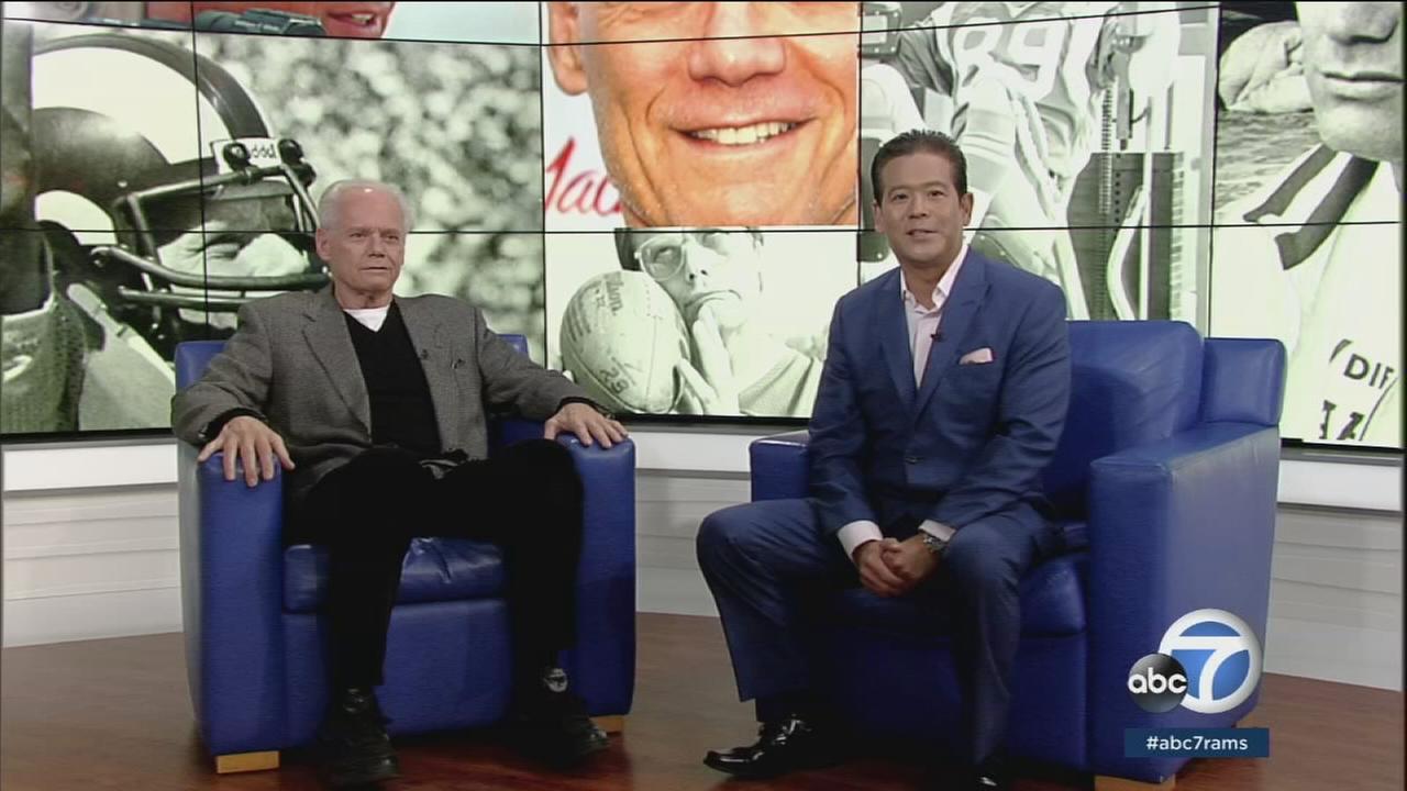 Former Los Angeles Rams player and actor Fred Dryer is shown in the Rams Primetime Saturday studio with host Rob Fukuzaki.