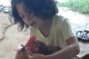 A little girl gives her chicken some extra special attention.
