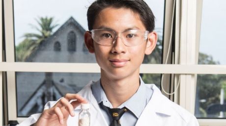  Dylan Siow-Lee, 16, at Sydney Grammar School. He is holding about 30grams of the drug. 