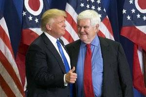 Republican Presidential candidate Donald Trump, left, and former House Speaker Newt Gingrich, right, share the stage during a campaign rally at the Sharonville Convention Center, Wednesday, July 6, 2016, in Cincinnati.