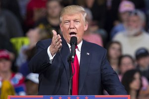 Republican presidential candidate Donald Trump speaks during a campaign rally, Monday, Oct. 10, 2016, in Ambridge, Penn.