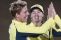 Elyse Villani of Australia celebrates with teammates after taking the wicket Chloe Tryon of South Africa during the One ...