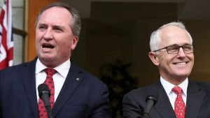 Deputy Prime Minister Barnaby Joyce and Prime Minister Malcolm Turnbull are all smiles as they announce the Greens deal ...