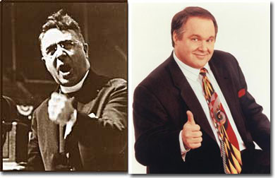 Right wing political propagandists then and now: Father Coughlin, left, and Rush Limbaugh