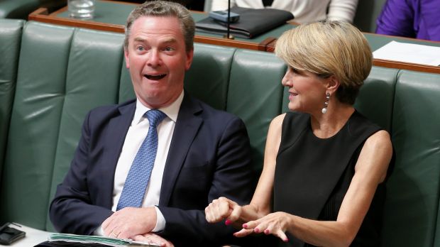 Defence Industry Minister Christopher Pyne and Foreign Affairs Minister Julie Bishop during question time on Tuesday.