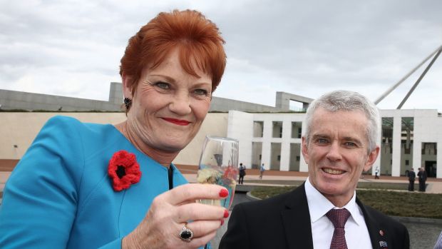 Senator Pauline Hanson is seen here toasting Donald Trump's victory with Senator Malcolm Roberts.