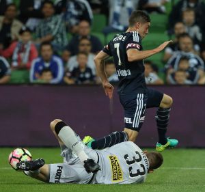 Close attention: Victory's Marco Rojas' attempt on goal is blocked by Glory goalkeeper Liam Reddy.