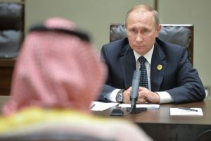 Russian President Vladimir Putin, right, meets with Saudi Arabia's Deputy Crown Prince Mohammed bin Salman at the G20 ...