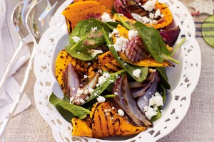 Barbecued pumpkin, red onion and spinach salad