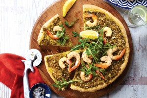 Parsley pesto and prawn pizza