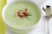 Chilled cucumber soup with prawn and tomato salsa