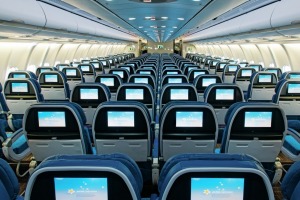 The rear of the main cabin on Hawaiian Airlines.